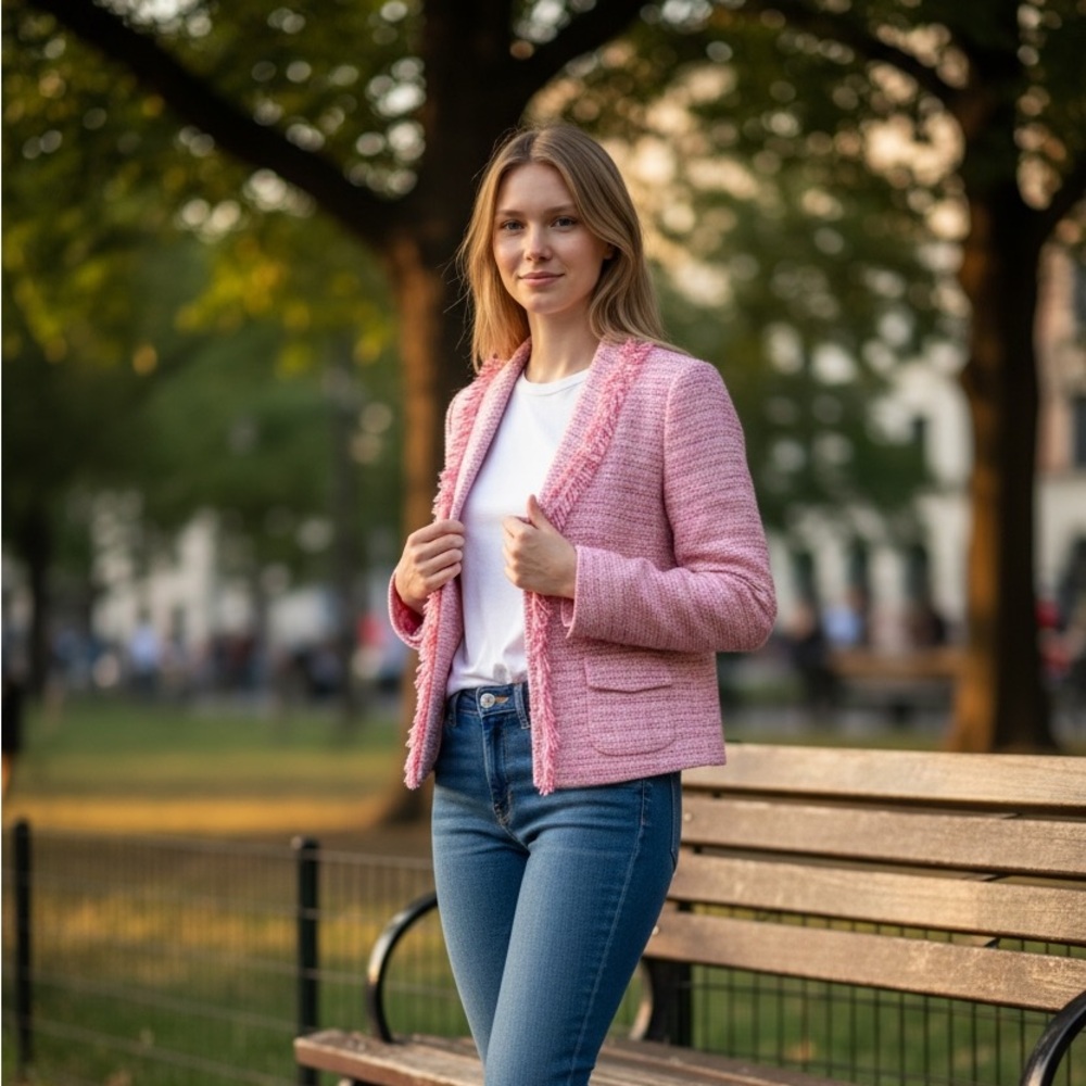 Petite Sophisticate Pink Tweed Fringe Blazer. Colors Pink/Grey/White. Size 4